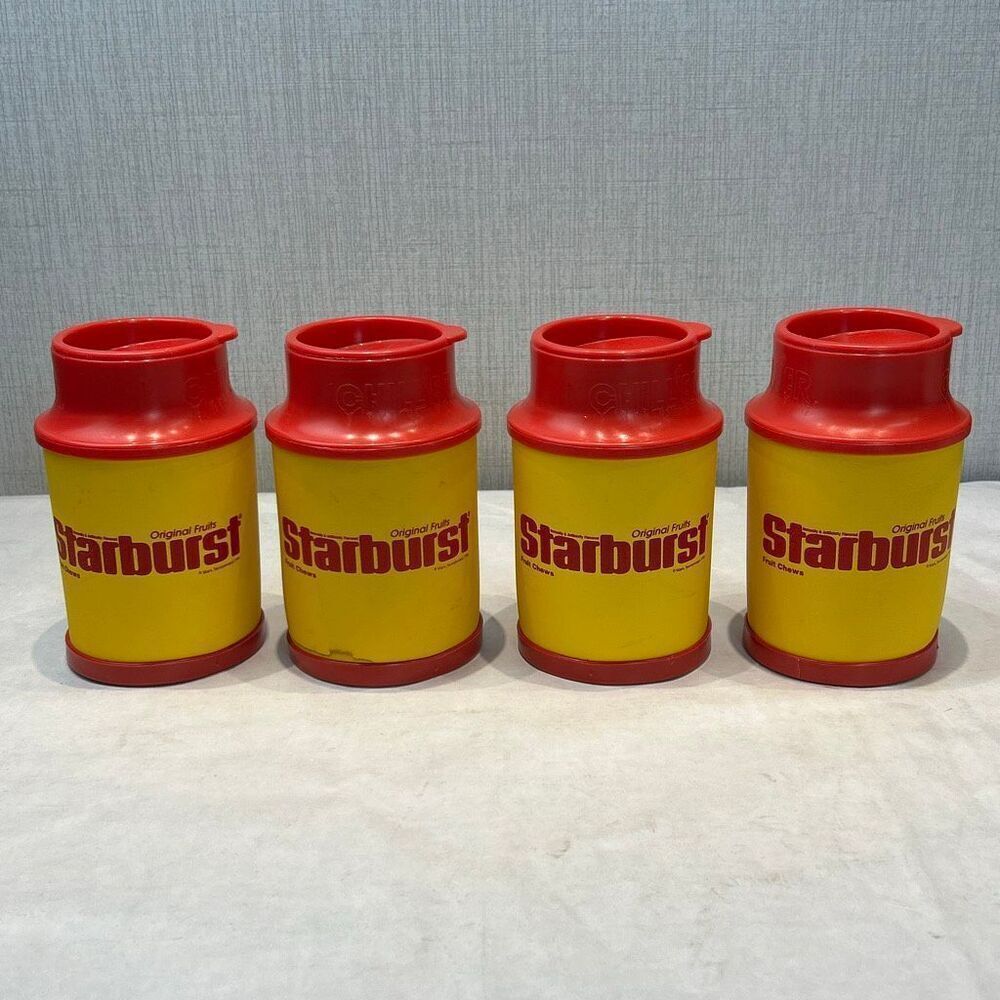 Vtg Starburst Chiller Can Cooler Koozie with Lid Set of 4 Retro 1993 Foam Plasti